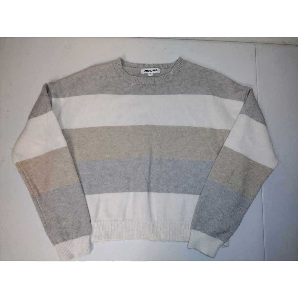 Vigoss Womens Striped Crewneck Pullover Sweater Grey Cream Tan Size M